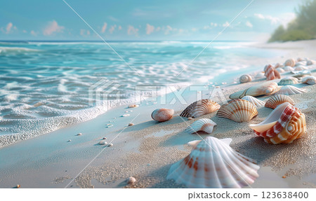A peaceful beach scene with various seashells by the gentle ocean waves. Generate AI A peaceful beach scene with various seashells by the gentle ocean waves. Generate AI 123638400