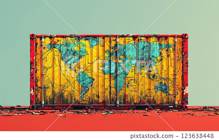 A worn cargo container with a colorful world map graffiti. Generate Ai 123638448