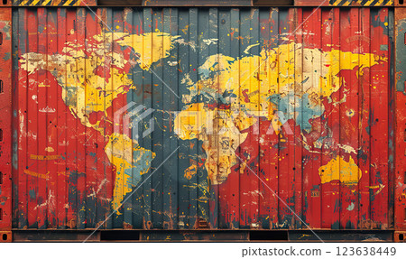A worn cargo container with a colorful world map graffiti. Generate Ai 123638449