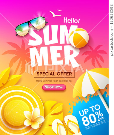 Summer sale, yellow tropical holiday concept, purple and yellow poster flyer design 123638598