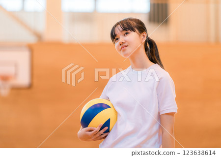 Junior high school and high school girls in gym clothes playing volleyball in a gym 123638614