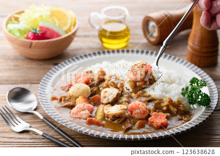 Seafood curry (scallops, squid, shrimp) Seafood curry (scallops, squid, shrimp) 123638628