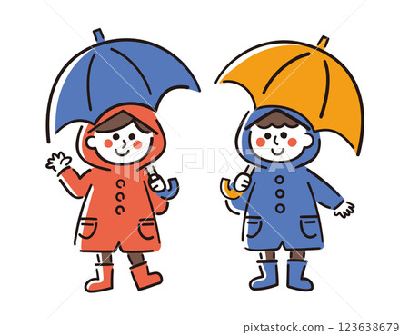 穿著雨衣、打著傘的孩子/雨季/向量手繪線描插畫 123638679