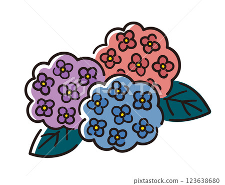 三色繡球花/雨季/向量手繪線描插畫 123638680