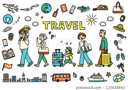 A set of illustrations and travel icons of a three-generation family having fun traveling, hand-drawn 123638692