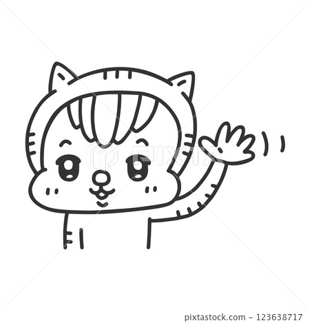 A person wearing a cat costume waving, line drawing A person wearing a cat costume waving, line drawing 123638717