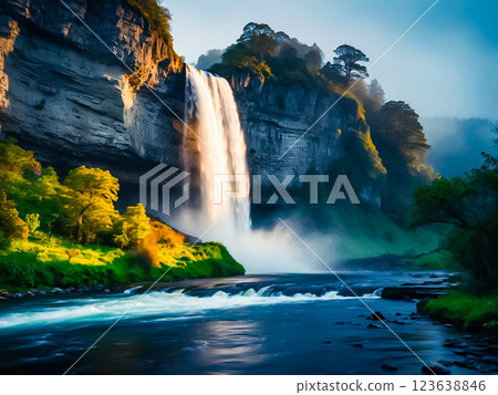 View of beautiful high waterfall in the colorful forest 123638846