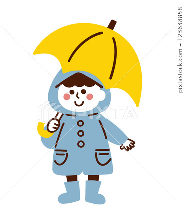 A boy wearing a raincoat and holding an umbrella / rainy season / vector hand-drawn line drawing illustration 123638858