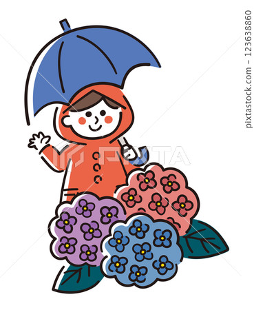 A girl wearing a raincoat and holding an umbrella with hydrangeas / rainy season / vector hand-drawn line drawing illustration 123638860