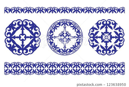 Set of blue decorative borders in portuguese azulejo style. Monochrome portuguese ornament of curls, spirals on white background. Set for design ornate portuguese azulejo ceramic tile borders 123638950