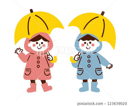 Children wearing raincoats and holding umbrellas / rainy season / vector hand-drawn illustration Children wearing raincoats and holding umbrellas / rainy season / vector hand-drawn illustration 123639020