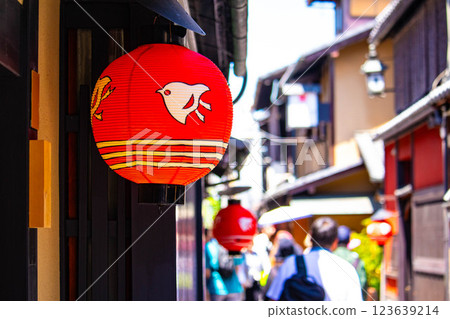 [Kyoto scenery] Kamogawa Nouryou-Yuka and Plover Lanterns in Pontocho 123639214