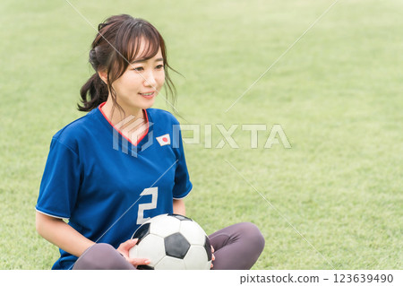 A woman in a soccer uniform sitting on a grass field with a soccer ball A woman in a soccer uniform sitting on a grass field with a soccer ball 123639490