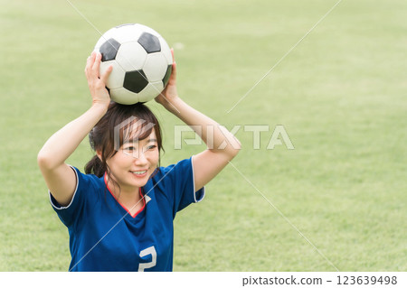 A woman in a soccer uniform sitting on a grass field with a soccer ball A woman in a soccer uniform sitting on a grass field with a soccer ball 123639498