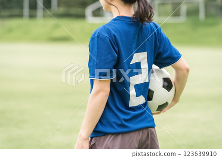 A Japanese woman fan/supporter cheering while holding a soccer ball A Japanese woman fan/supporter cheering while holding a soccer ball 123639910
