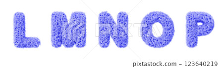3d blue fur font, fluffy alphabet letters l, m, n, o, p render. Furry english letters with hair texture for fun education kids. Soft fuzzy curly wavy text isolated on white background. 3D illustration 123640219
