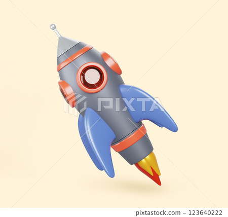 3d rocket, spaceship launch with fire. Space shuttle with metal body, blue fins and flame takeoff. Cosmos exploration and travel, isolated cosmic object, cartoon game render icon. 3D illustration 123640222