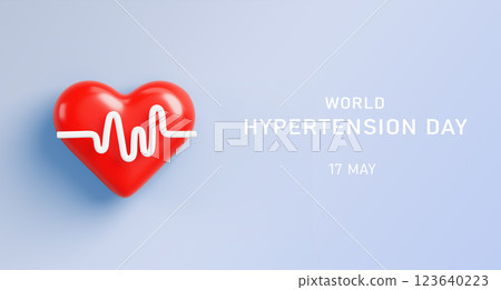 World hypertension day 3d banner. Red heart with beat pulse line on blue background render. Measure and control blood pressure, health preservation. Medical design for cardiology. 3D illustration 123640223