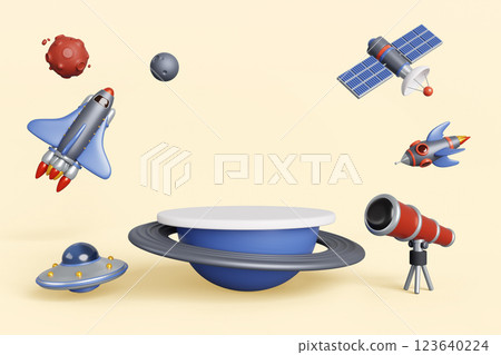 Space exploring with futuristic 3d podium, planets, telescope, rocket, ufo alien spaceship in sky render. Kids blue platform for education with cartoon shuttle, fly saucer, satellite. 3D illustration Space exploring with futuristic 3d podium, planets, telescope, rocket, ufo alien spaceship in sky render. Kids blue platform for education with cartoon shuttle, fly saucer, satellite. 3D illustration 123640224