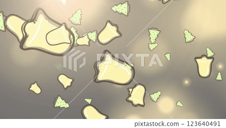 Image of christmas tree and bell icons over spots of light on purple background with copy space 123640491