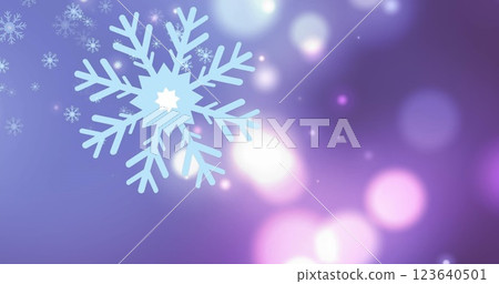 Image of snowflakes falling against glowing spots of light on purple background with copy space 123640501