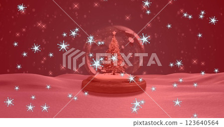Image of snow falling over snow globe with christmas tree in winter scenery Image of snow falling over snow globe with christmas tree in winter scenery 123640564