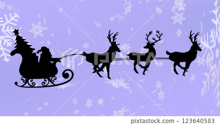 Santa claus in sleigh being pulled by reindeers over snowflakes falling against purple background Santa claus in sleigh being pulled by reindeers over snowflakes falling against purple background 123640583