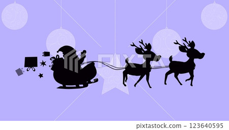 Santa claus in sleigh being pulled by reindeers over hanging decorations on purple background Santa claus in sleigh being pulled by reindeers over hanging decorations on purple background 123640595