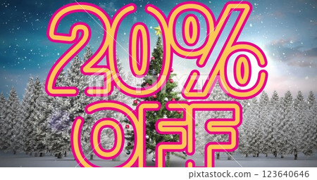 Image of 20 percet off text over christmas tree and winter landscape Image of 20 percet off text over christmas tree and winter landscape 123640646
