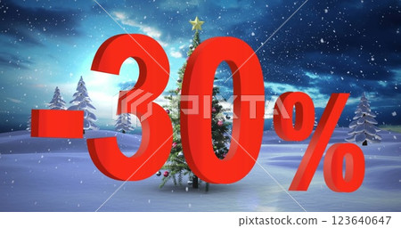 Image of -30 percet text over christmas tree and winter landscape Image of -30 percet text over christmas tree and winter landscape 123640647