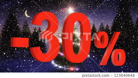 Image of -30 percet text over christmas tree and winter landscape Image of -30 percet text over christmas tree and winter landscape 123640648