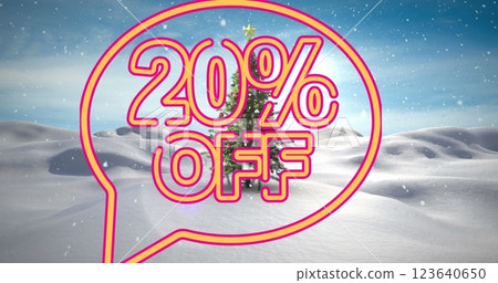 Image of 20 percet off text over christmas tree and winter landscape Image of 20 percet off text over christmas tree and winter landscape 123640650