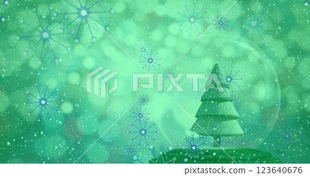 Image of christmas tree in snow globe and snow falling over green background Image of christmas tree in snow globe and snow falling over green background 123640676
