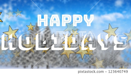 Image of stars and congratulations text banner against snow covered trees on winter landscape Image of stars and congratulations text banner against snow covered trees on winter landscape 123640749