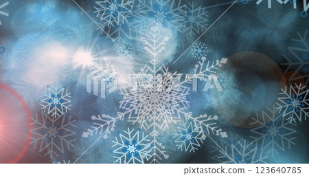 Image of hexagons pattern, looping snowflakes and lens flare over abstract background 123640785