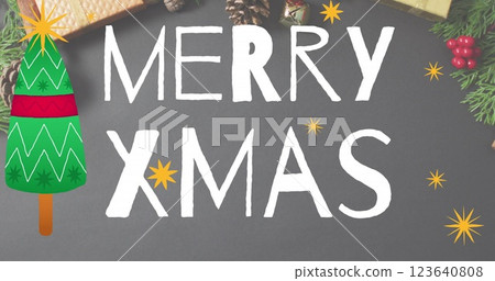 Image of christmas greetings text over christmas decorations 123640808