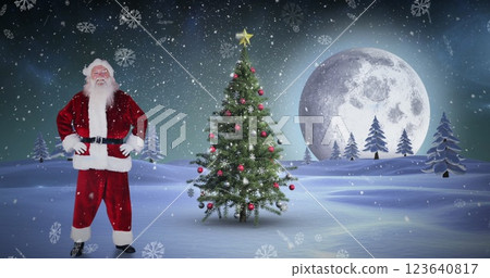 Image of snow falling and santa claus over christmas tree in winter scenery Image of snow falling and santa claus over christmas tree in winter scenery 123640817