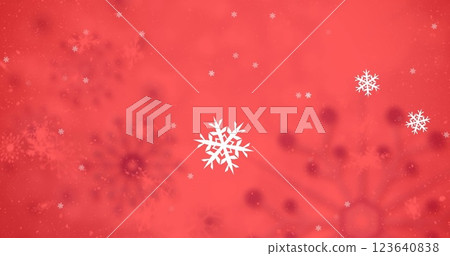 Image of snow falling over christmas pattern on red background 123640838