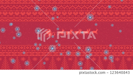 Image of snow falling over christmas pattern on red background 123640843