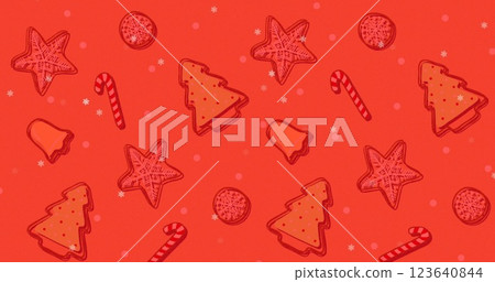 Image of snow falling over christmas pattern on red background 123640844