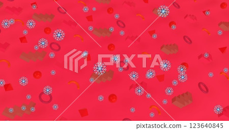 This image shows a digitally generated image of 3d abstract shapes moving in formation against a pin 123640845