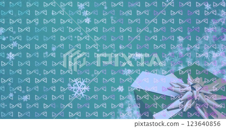 Image of abstract pattern design over snowflakes falling against close up of christmas gift Image of abstract pattern design over snowflakes falling against close up of christmas gift 123640856