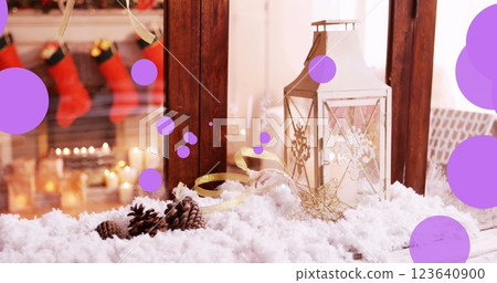 Image of dots moving over window with christmas decorations 123640900