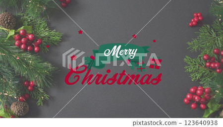 Image of christmas greetings text over christmas decorations 123640938