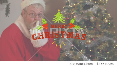 Image of merry christmas text against santa claus with finger on mouth near christmas tree 123640960