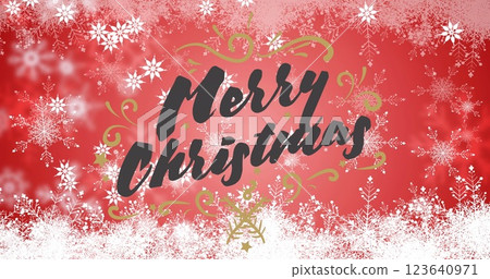 Image of snowflakes falling over merry christmas text banner against red background 123640971