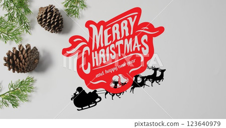 Image of merry christmas and happy new year text banner over pine cone and fir tree branches 123640979