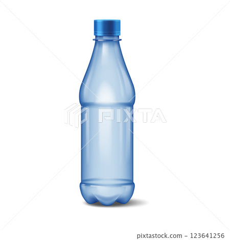 Transparent blue plastic bottle with blue cap 123641256