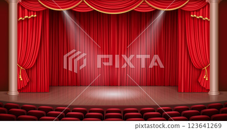 Grand theater stage with golden curtain details and spotlights 123641269