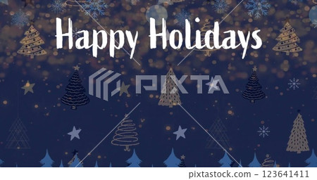 Image of happy holidays text and snow falling over christmas trees on blue background 123641411